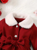 Red coat with white fur collar and a large bow on a white background