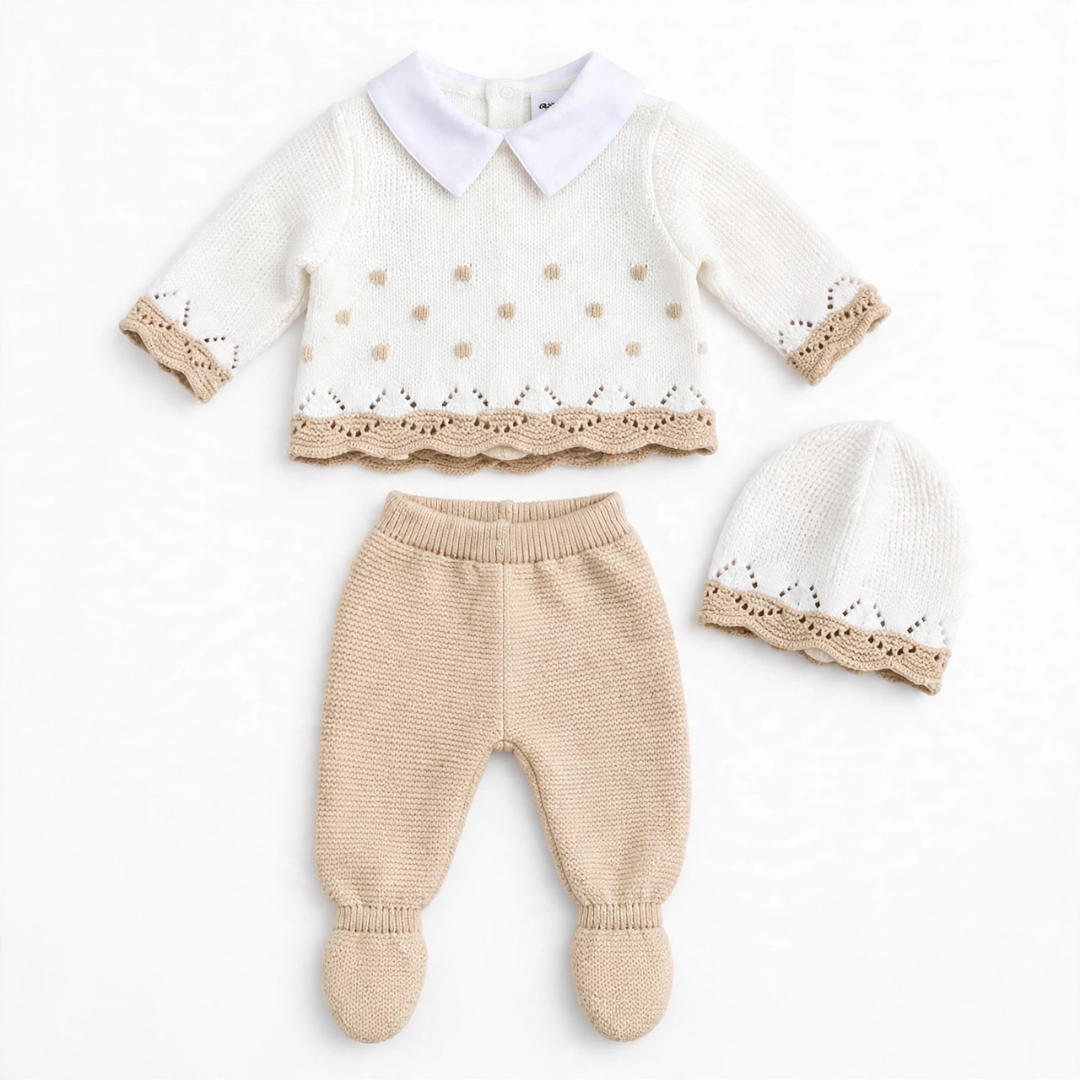 Flat-lay product view of a baby's white and beige knit sweater, footed pants, and hat set.