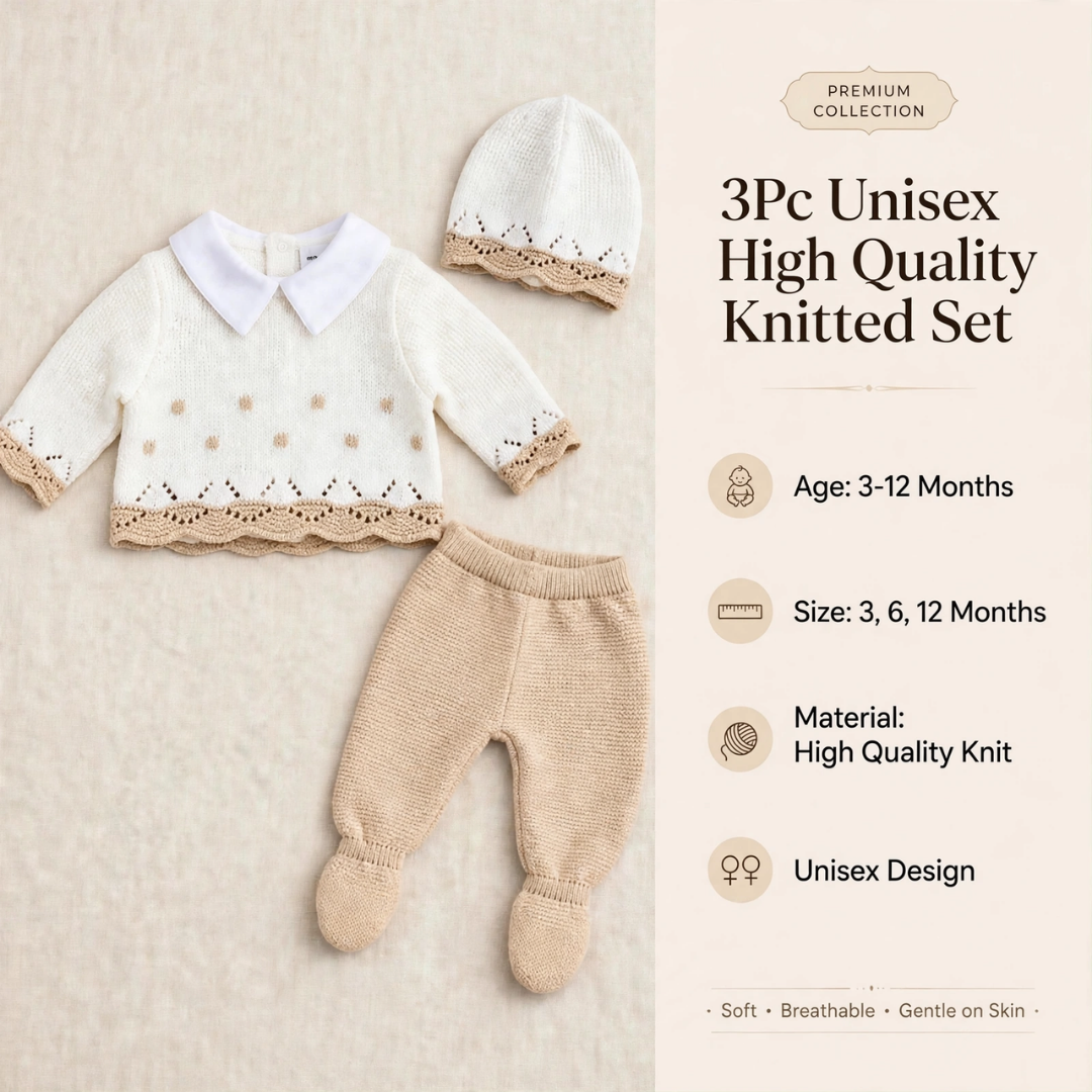 Product promo graphic for a unisex 3-piece white and beige knitted sweater, footed pants, and hat set.