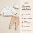 Product promo graphic for a unisex 3-piece white and beige knitted sweater, footed pants, and hat set.