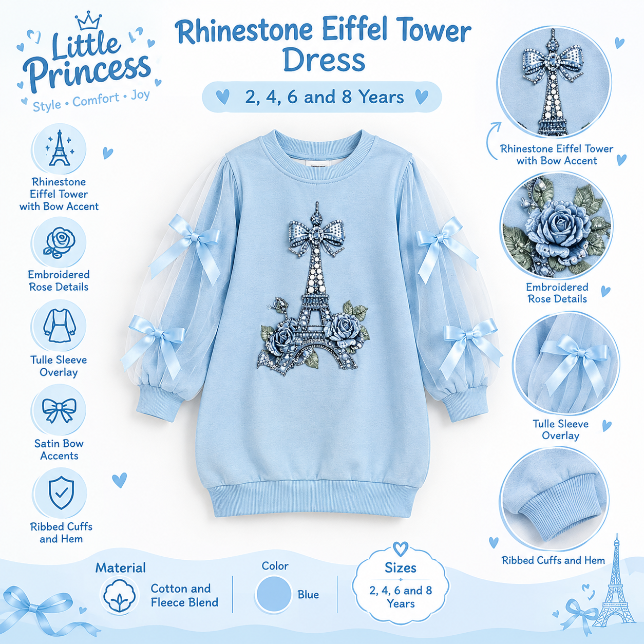A light blue long-sleeve children's dress with a large embroidered Eiffel Tower motif on the front, surrounded by decorative bows and tulle overlay details. The image is a product information graphic with multiple callout circles and text listing features such as rhinestone eiffel tower, embroidered rose details, tulle sleeve overlay, satin bow accents, and ribbed cuffs and hem.