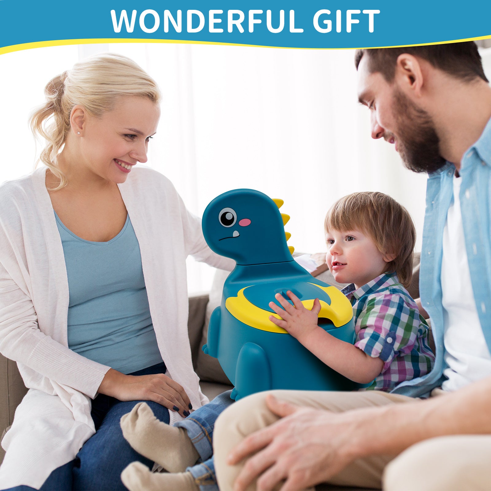 Family with a child playing with a blue dinosaur-shaped toy, with 'Wonderful Gift' text at the top.