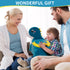 Family with a child playing with a blue dinosaur-shaped toy, with 'Wonderful Gift' text at the top.