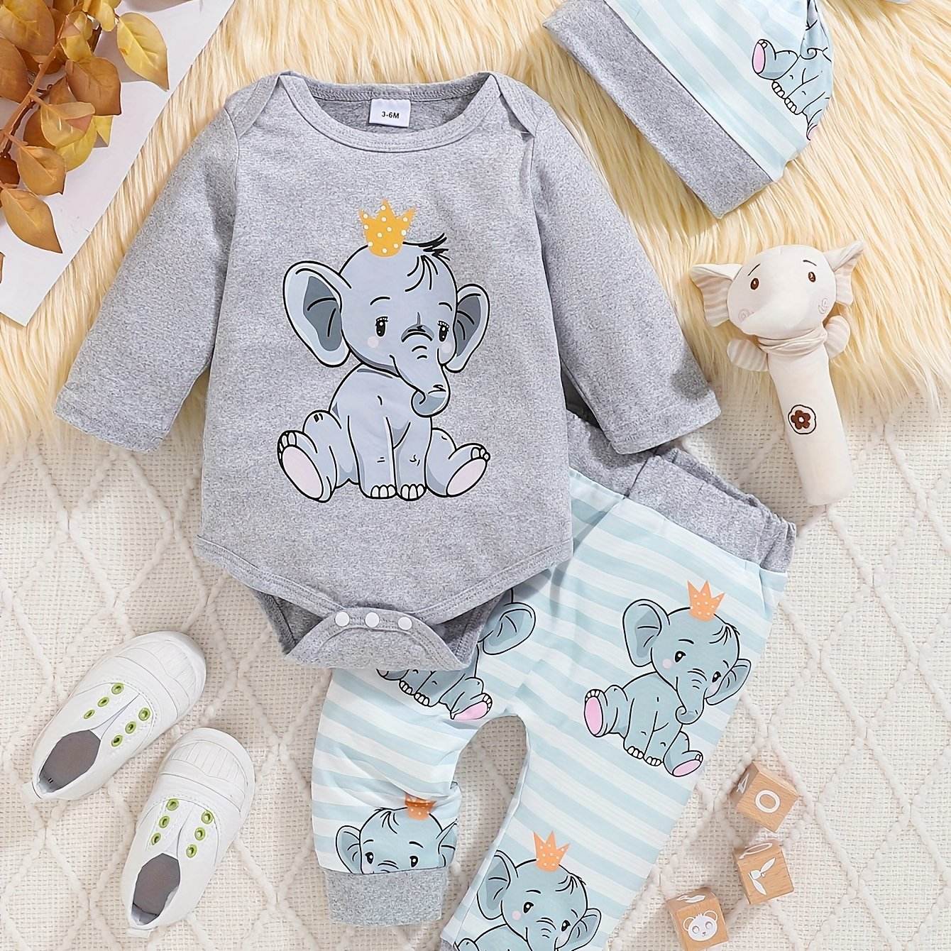 3pc Baby Boy Elephant Jumpsuit, Pants & Hat - Little Fashion
