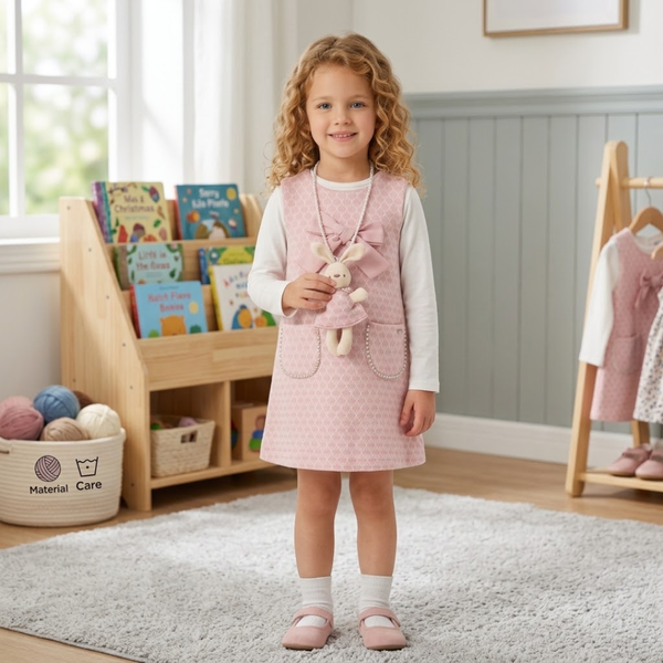 A young girl with curly blonde hair stands in a child's room wearing a pink patterned pinafore-style dress over a white long-sleeve shirt. She is holding a small stuffed bunny and wearing pink shoes.