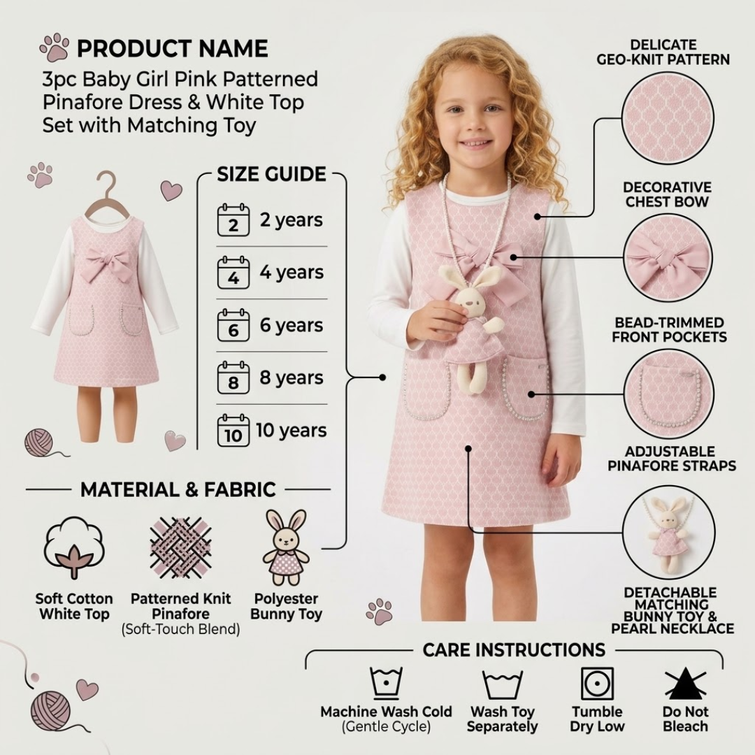 A product information graphic for a 3pc baby girl pink patterned pinafore dress and white top set with a matching bunny toy. The image features a young girl modeling the pink pinafore dress, accompanied by diagrams of the dress, fabric swatches, care instructions, and sizing guide.