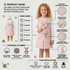 A product information graphic for a 3pc baby girl pink patterned pinafore dress and white top set with a matching bunny toy. The image features a young girl modeling the pink pinafore dress, accompanied by diagrams of the dress, fabric swatches, care instructions, and sizing guide.