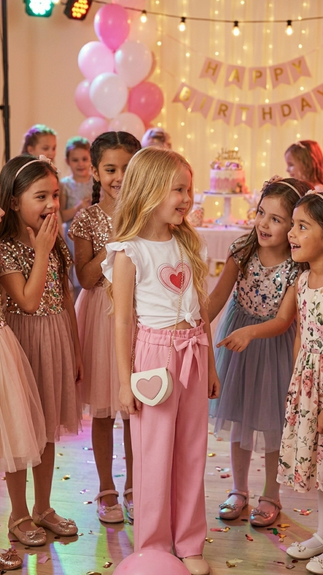 Group of young girls at a birthday party with balloons and a cake.