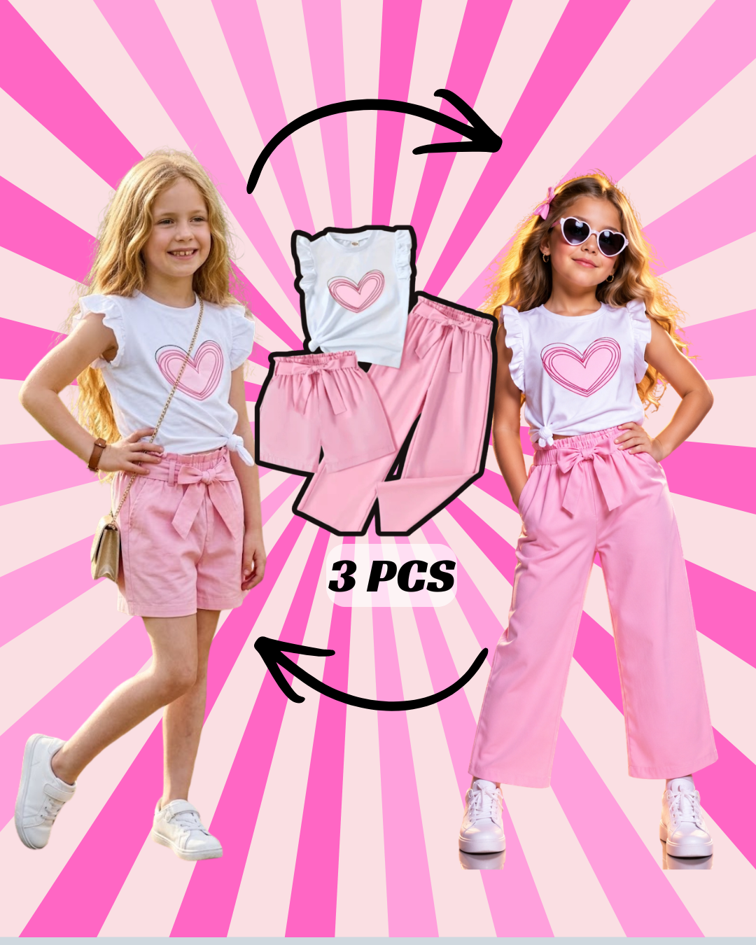 Two children modeling a 3-piece outfit with a pink and white striped background.