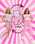 Two children modeling a 3-piece outfit with a pink and white striped background.