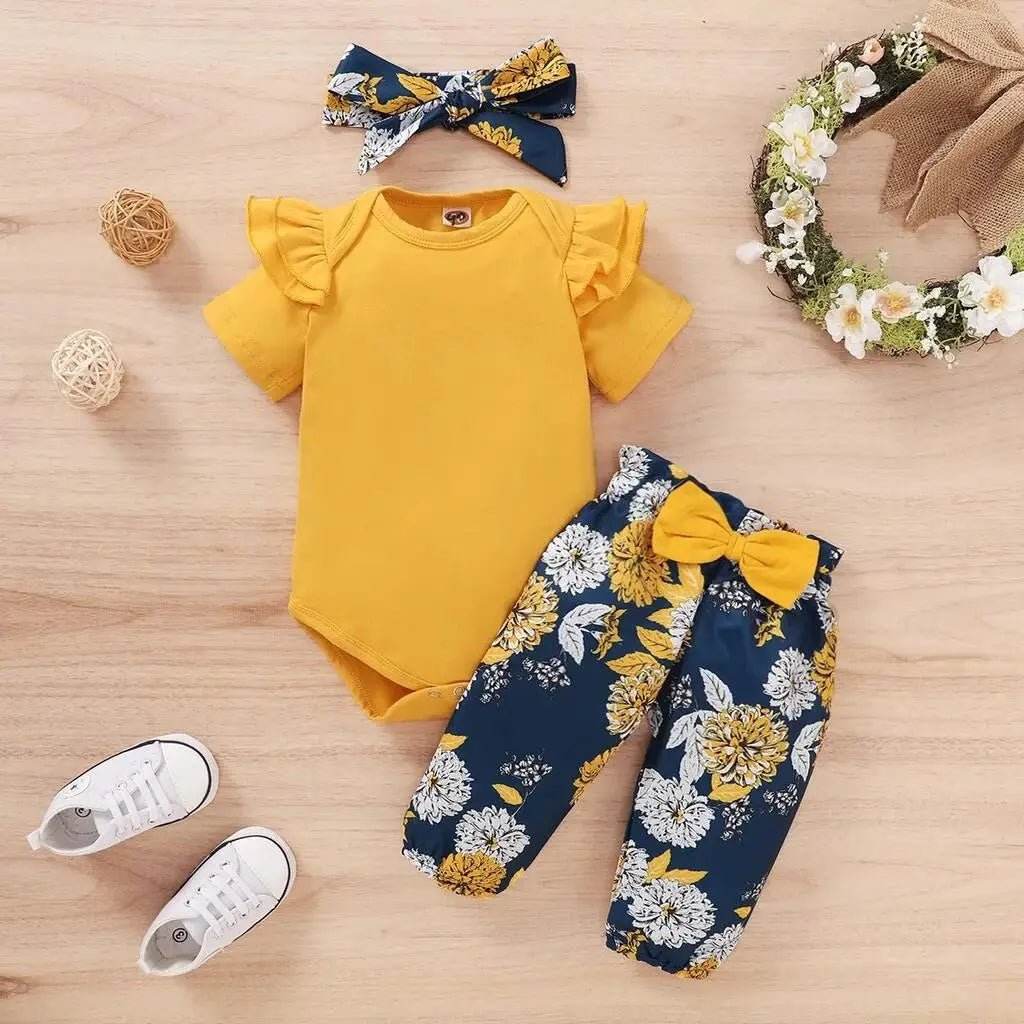 3PCS Baby Girl Outfit Set | Bodysuit & Floral Pants - Little Fashion
