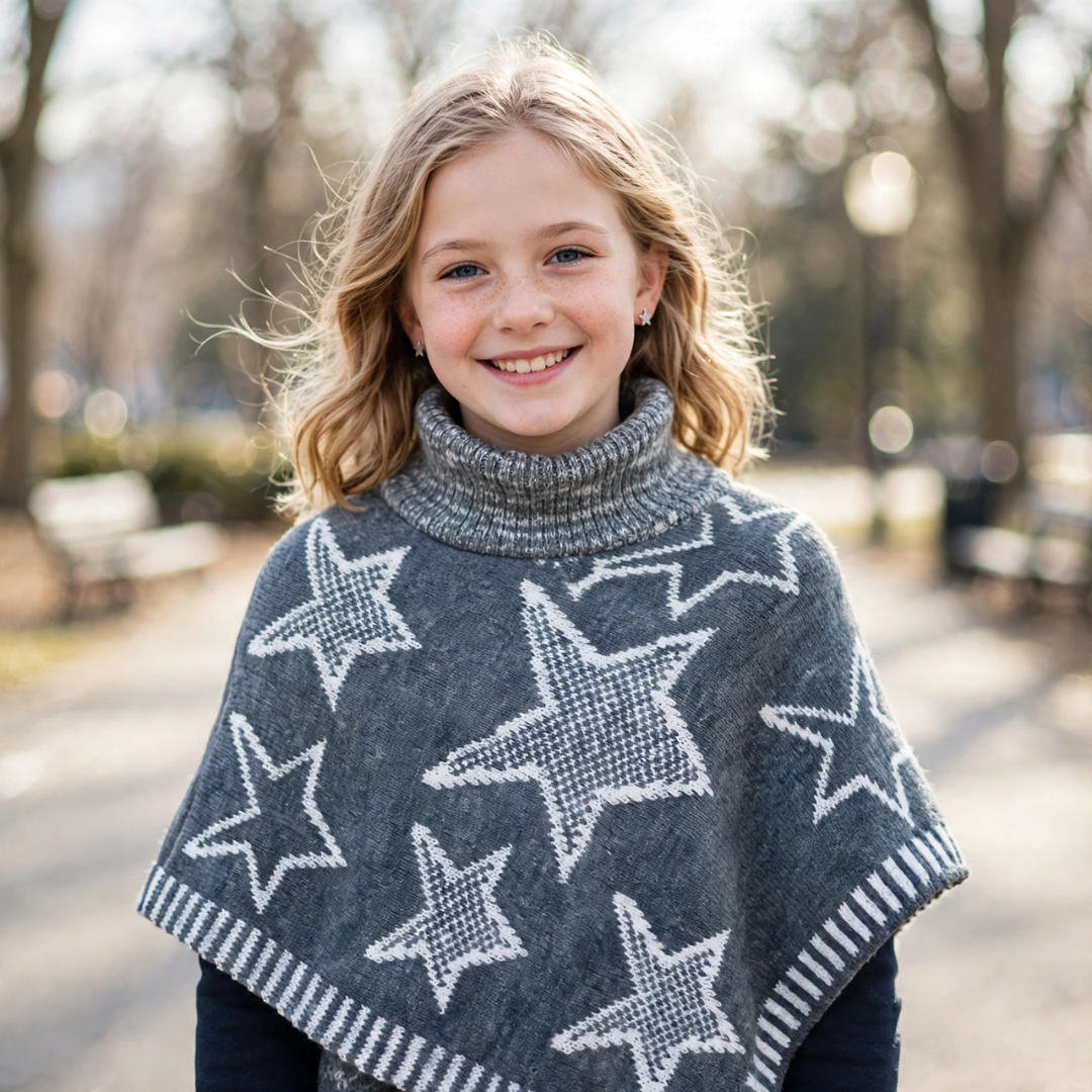 Girls Warm Star Pattern Cap Shawl (4-14Y)