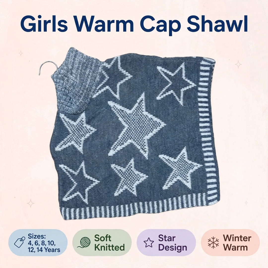 Girls Warm Star Pattern Cap Shawl (4-14Y)