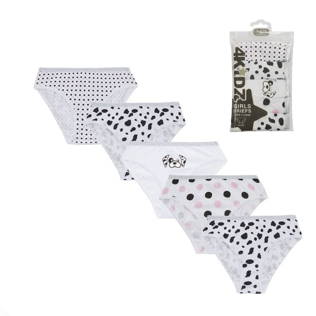 A 4-pack of girls' white underwear briefs with black and pink polka dot patterns, shown with their retail packaging on a white background.