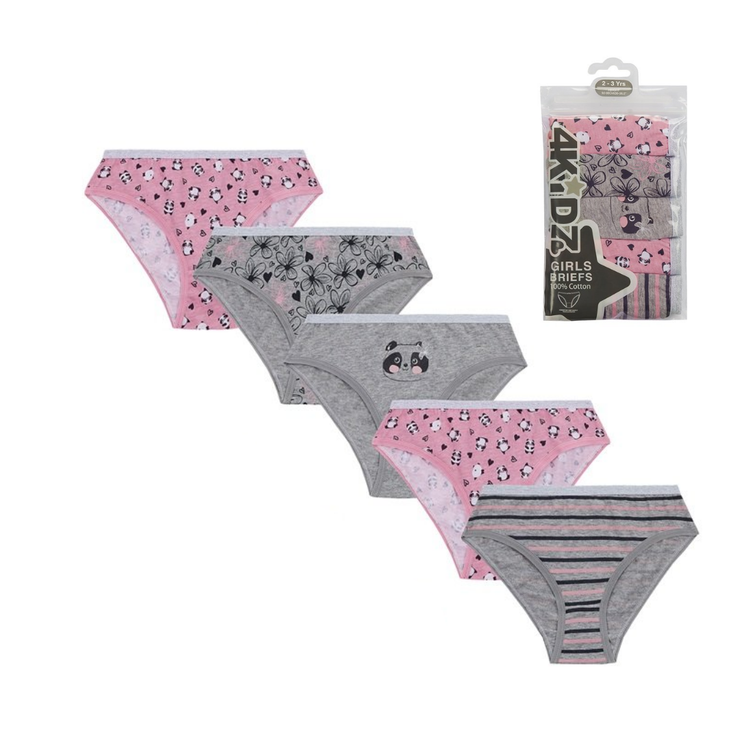 A 4-pack of girls' underwear in pink and gray, featuring floral prints, spiderweb motifs, a Mickey Mouse graphic, and horizontal stripes. The pack is shown both unpackaged and in its retail packaging on a white background.
