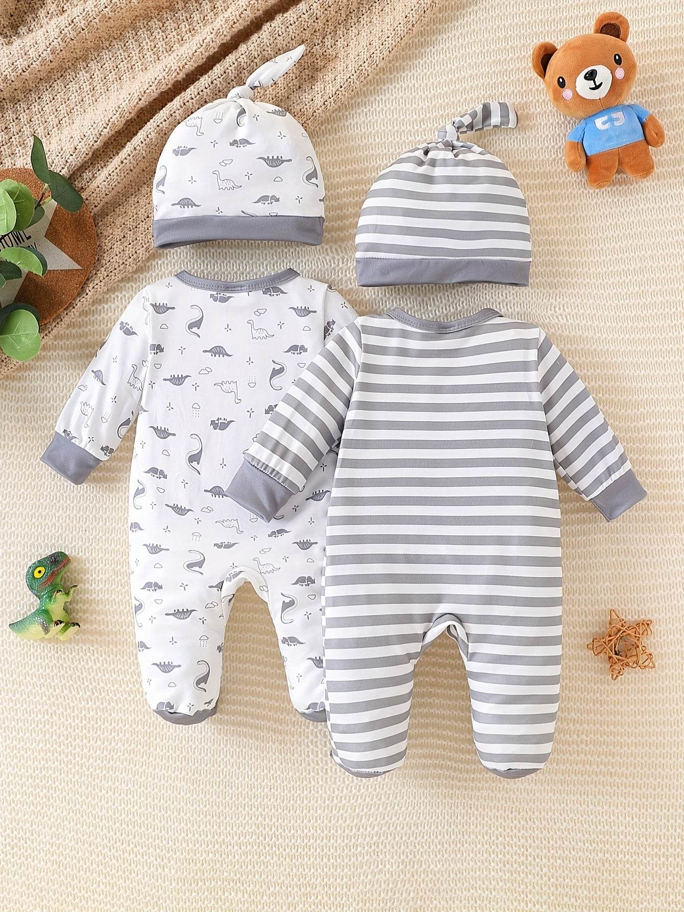 4pc Baby Boy Dinosaur Striped Romper & Hat Set - Little Fashion