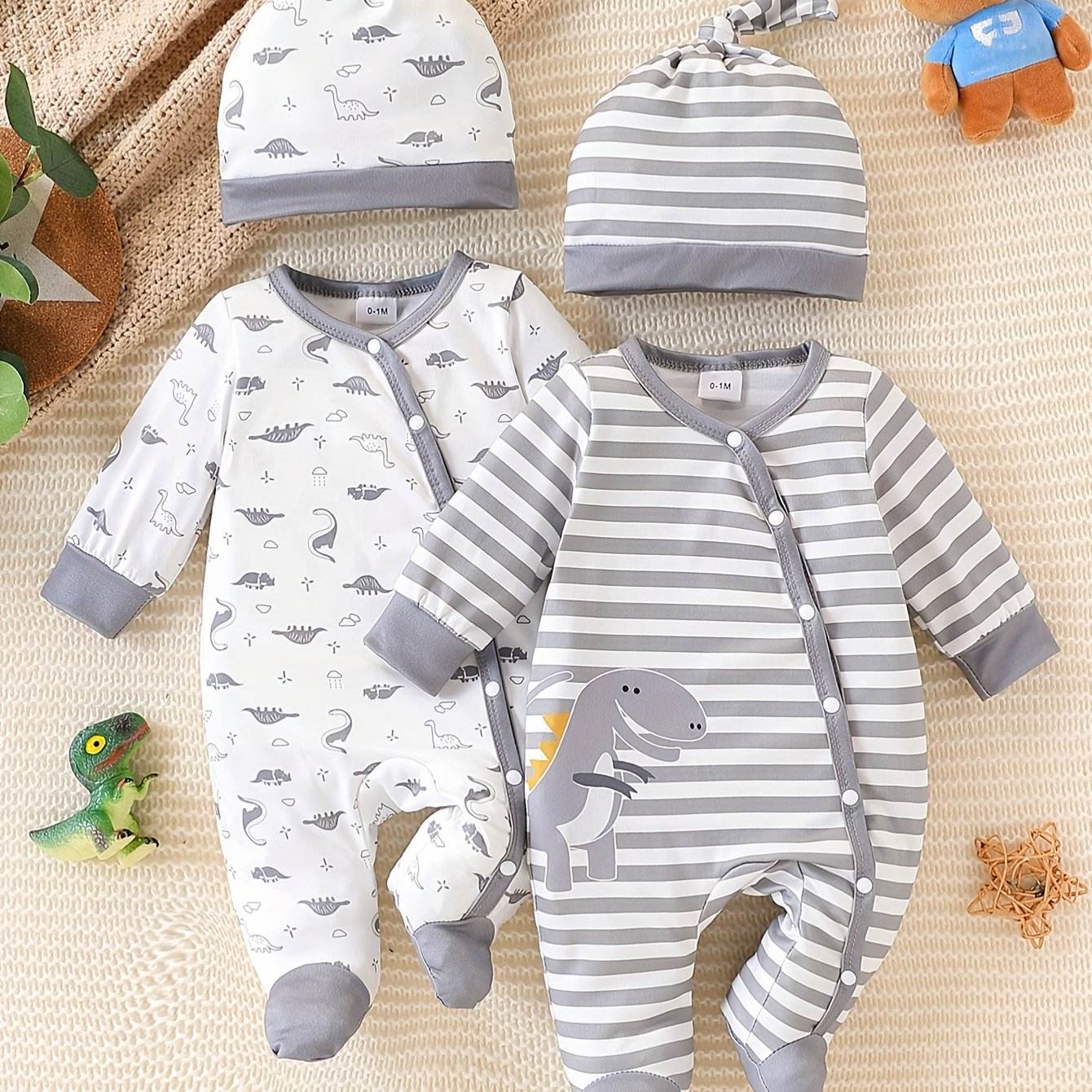 4pc Baby Boy Dinosaur Striped Romper & Hat Set - Little Fashion
