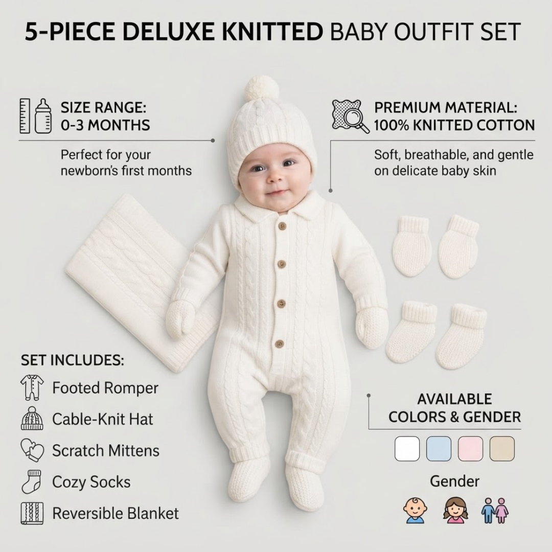 A 5-piece deluxe knitted baby outfit set displayed on a baby model, featuring a cream cable-knit romper, matching hat, mittens, socks, and a blanket. The image includes informative text overlays detailing the size range, premium material, and included items.