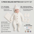 A 5-piece deluxe knitted baby outfit set displayed on a baby model, featuring a cream cable-knit romper, matching hat, mittens, socks, and a blanket. The image includes informative text overlays detailing the size range, premium material, and included items.