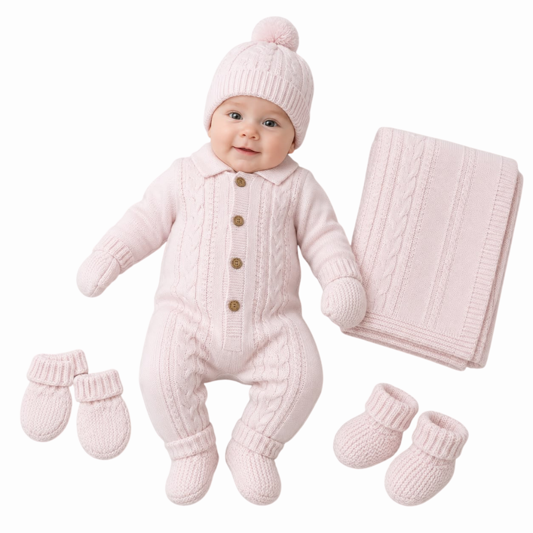 A baby wearing a light pink cable-knit one-piece outfit with a matching knit hat, mittens, booties, and a folded blanket on a plain white background.