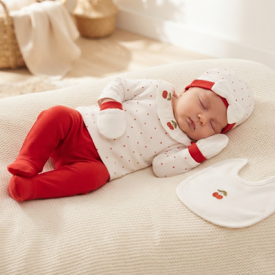 A sleeping newborn baby wearing a white and red strawberry-themed clothing set, including a long-sleeve top, footed pants, a bonnet, and a bib, lying on a textured cream blanket in a softly lit nursery.