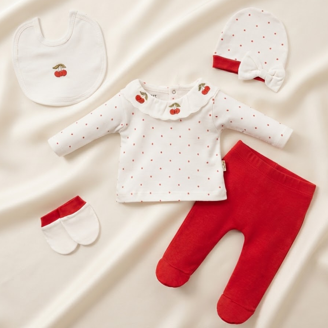 A baby clothing set laid flat on a cream fabric background, including a white long-sleeve top with small red polka dots and cherry embroidery, red pants, a white bib, a white bootie, and a white bow bonnet with red dots.