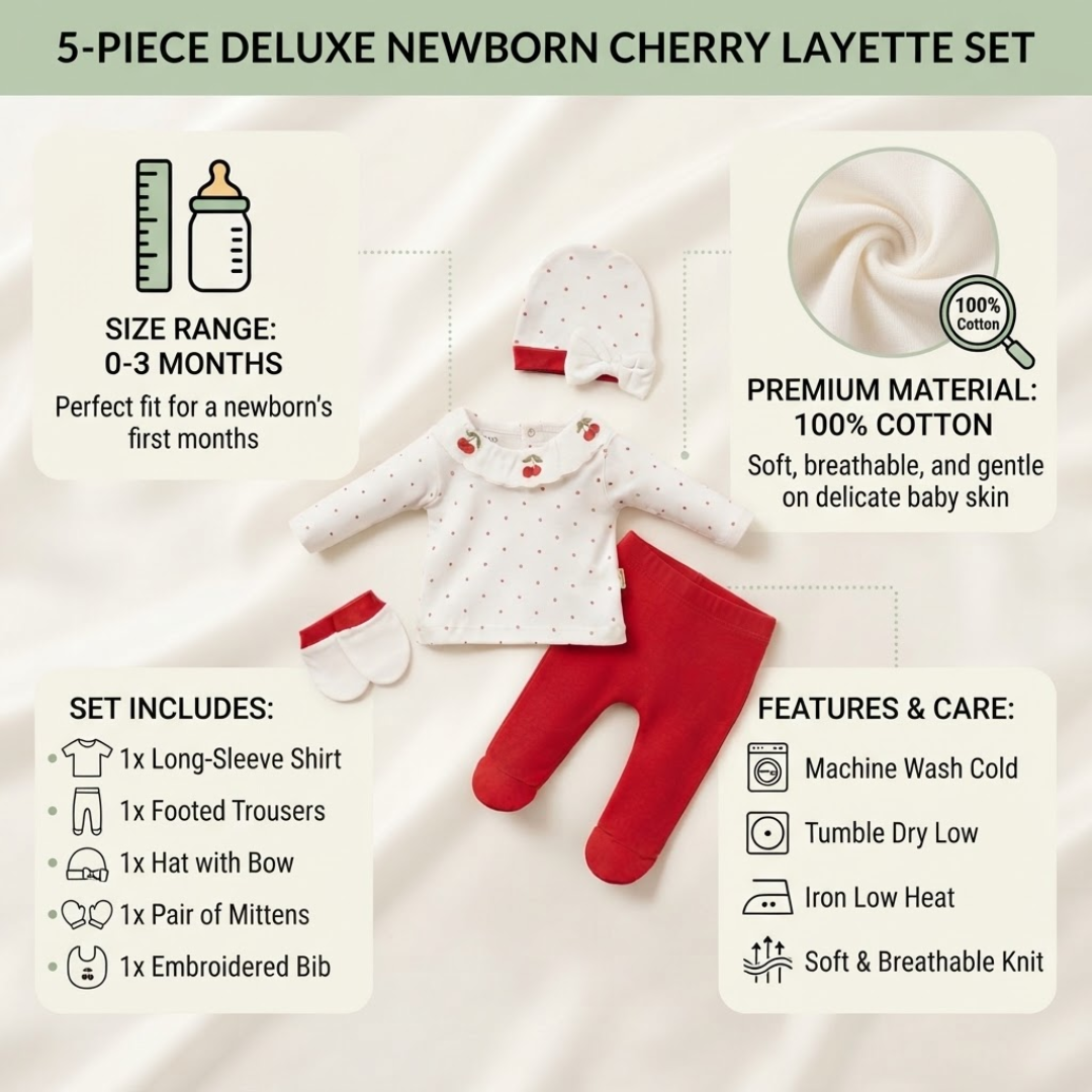 A 5-piece newborn layette set displayed on a soft white fabric background, featuring a white long-sleeve shirt with red polka dots, red footed trousers, a white hat with red trim, and a pair of white mittens. The image includes informational text boxes detailing the size range, material quality, set contents, and care instructions.