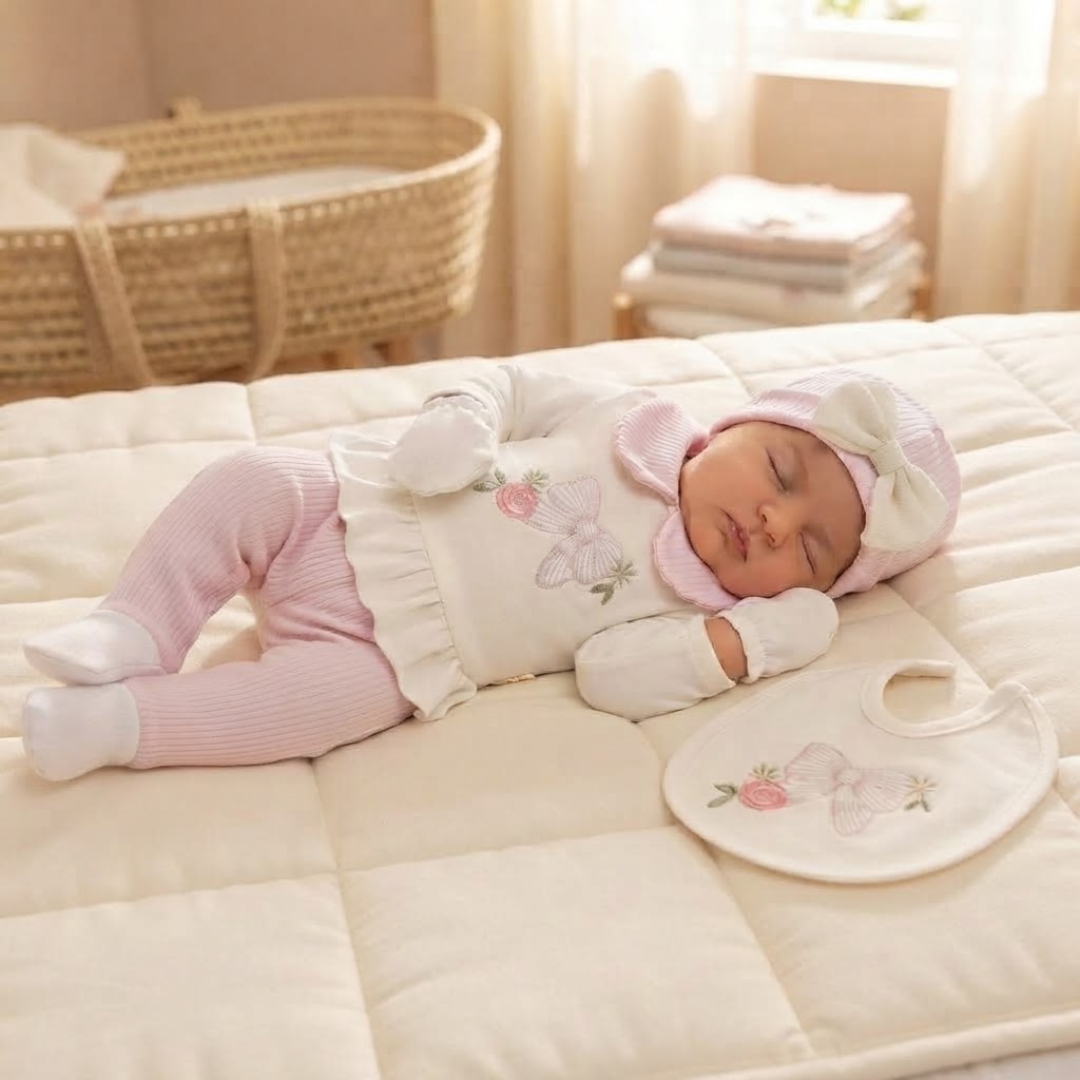 A sleeping newborn baby wearing a pink and white embroidered outfit, lying on a cream quilted mattress with a matching bib and hat nearby. A woven bassinet and soft nursery room are visible in the background.