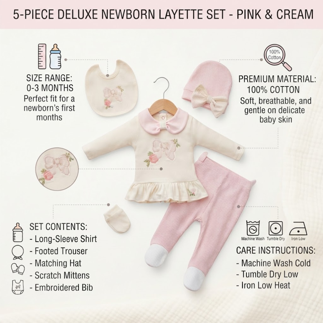 A 5-piece deluxe newborn layette set in pink and cream, featuring a long-sleeve shirt, matching footed trouser, bib, booties, and a hat, displayed on a light pink background with product details and care instructions.