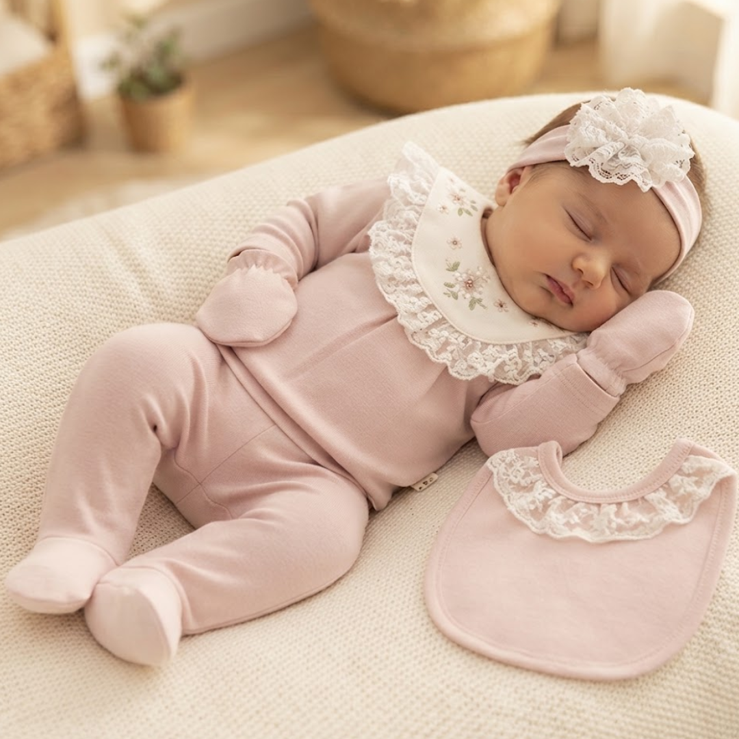 A sleeping newborn baby wearing a dusty pink footed sleeper, matching headband with lace, and a floral embroidered bib, lying on a textured cream blanket.