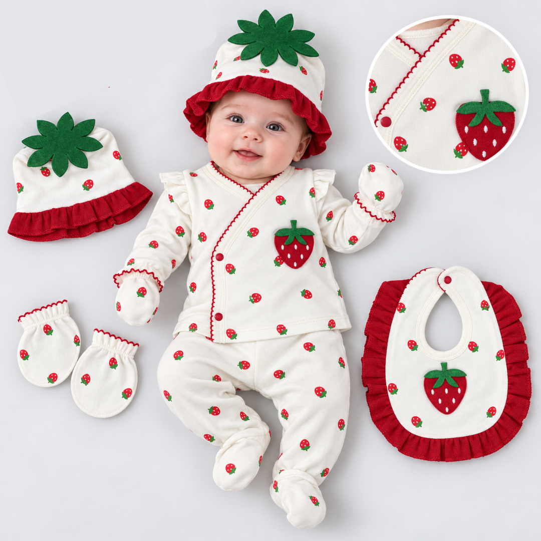 A baby laid on a light gray background wearing a strawberry-themed footed one-piece outfit with a matching hat, bib, and mittens. The white outfit is covered with small red strawberries and green leaf motifs, with red ruffle trim.
