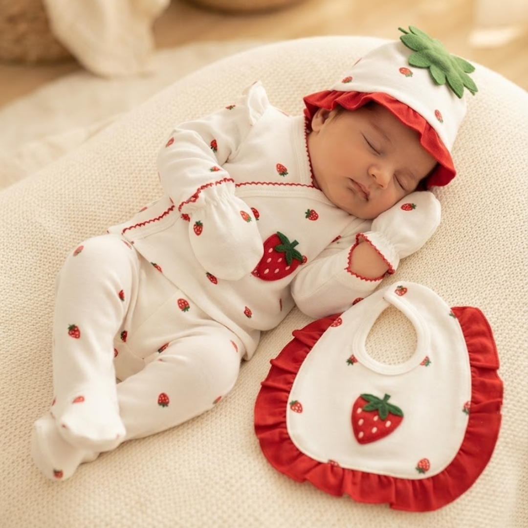 A sleeping newborn baby wearing a white footed sleeper and matching strawberry-themed bonnet, with a matching white bib featuring red ruffles and a strawberry design, resting on a soft cream fabric surface.