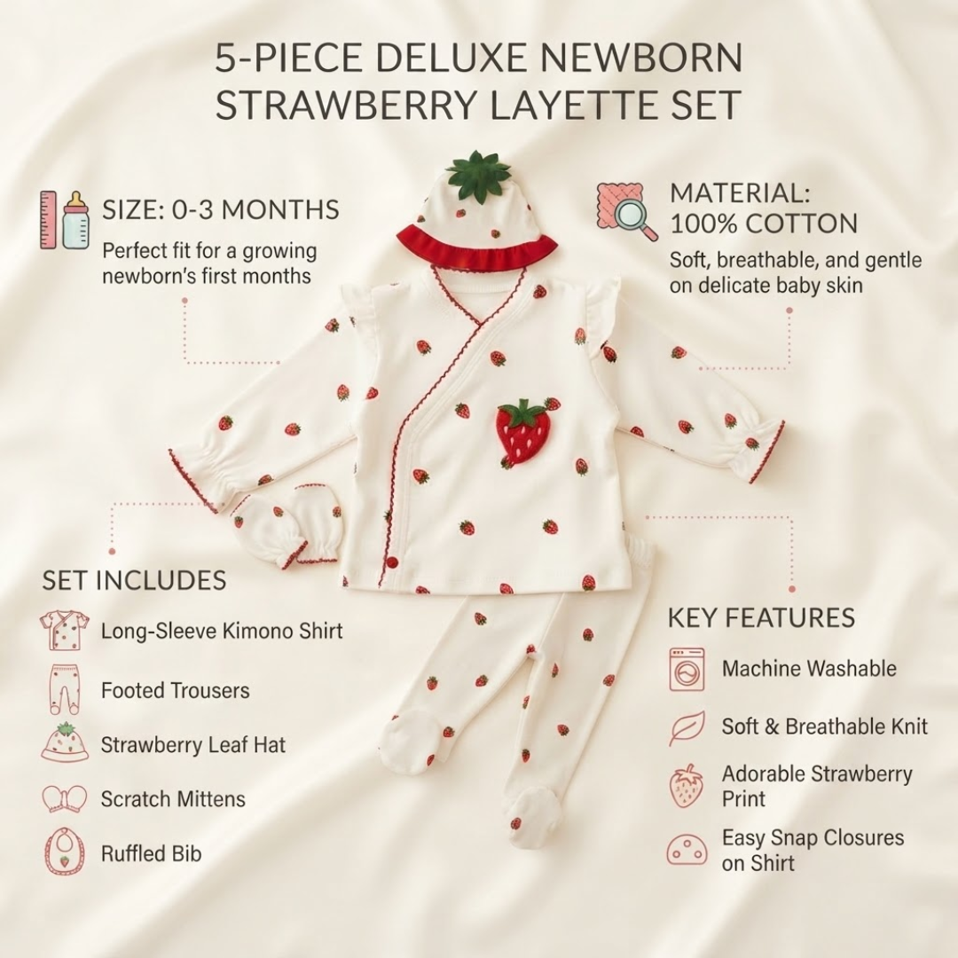 A 5-piece newborn strawberry layette set laid out on a soft cream fabric background, with text callouts describing size, material, included pieces, and key features. The set includes a long-sleeve kimono shirt, footed trousers, a strawberry leaf hat, scrunch mittens, and a ruffled bib, all in white with red strawberry prints and red trim.