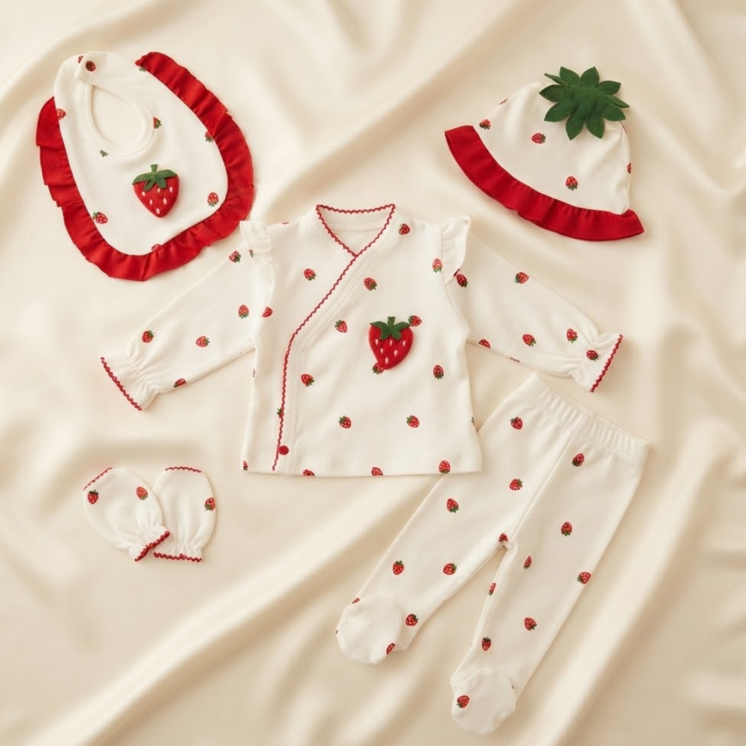 A baby clothing set laid flat on a cream satin fabric background, including a white long-sleeve top with red strawberry print and red trim, matching pants, a white bib with red ruffles and a strawberry applique, a white hat with red ruffles and a green leaf top, and a small white bootie with red trim.