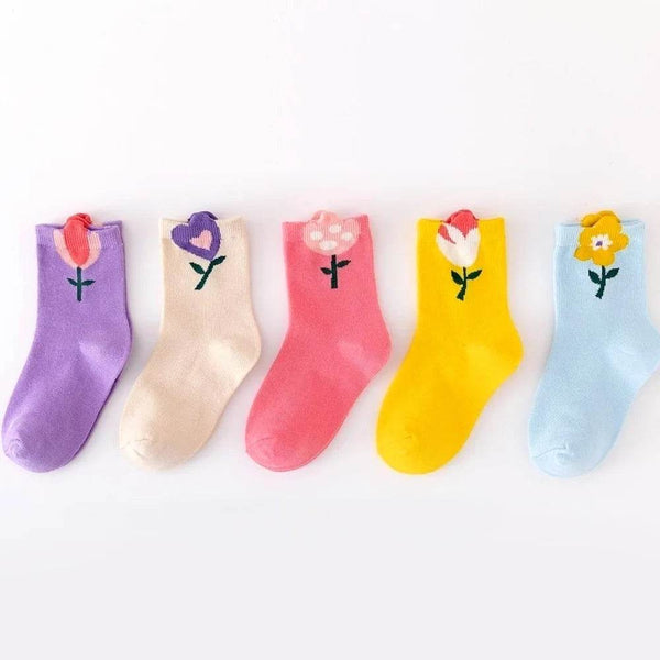 5 Pairs Girls Cartoon Socks – Cute Floral Design - Little Fashion