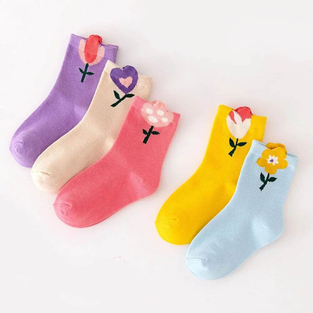 5 Pairs Girls Cartoon Socks – Cute Floral Design - Little Fashion