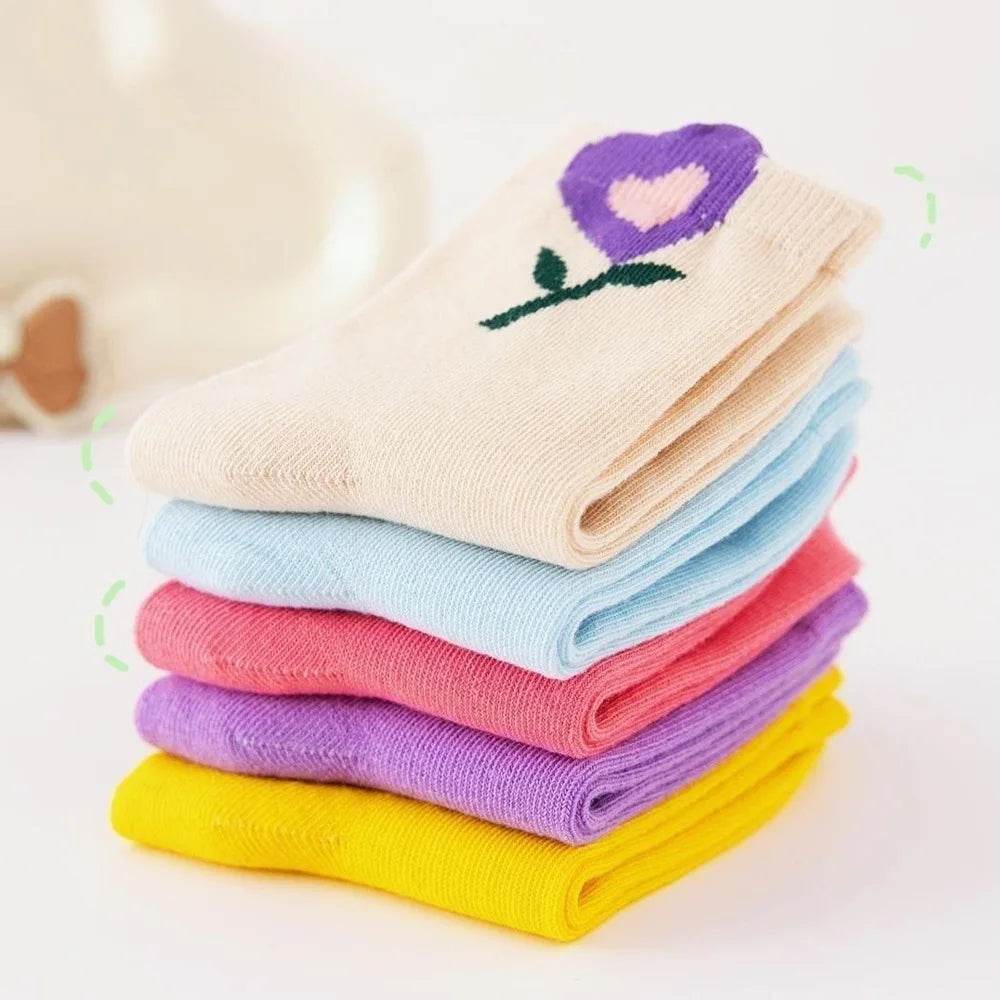 5 Pairs Girls Cartoon Socks – Cute Floral Design - Little Fashion