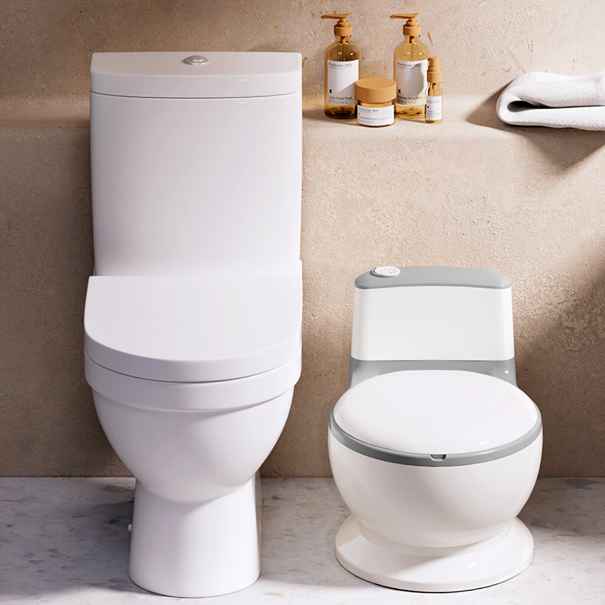 Two toilets side by side with a beige wall and bathroom items in the background.