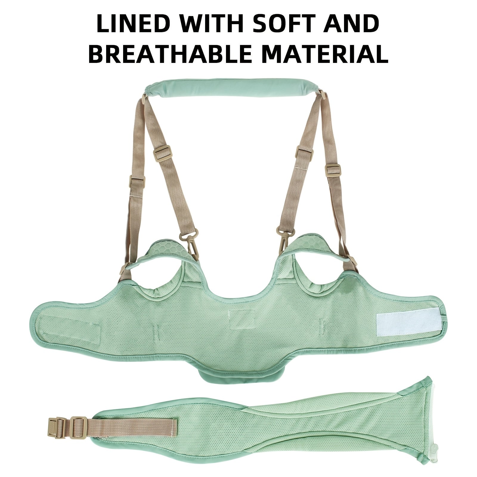 Green protective vest with straps on a white background, labeled 'Lined with soft and breathable material'.