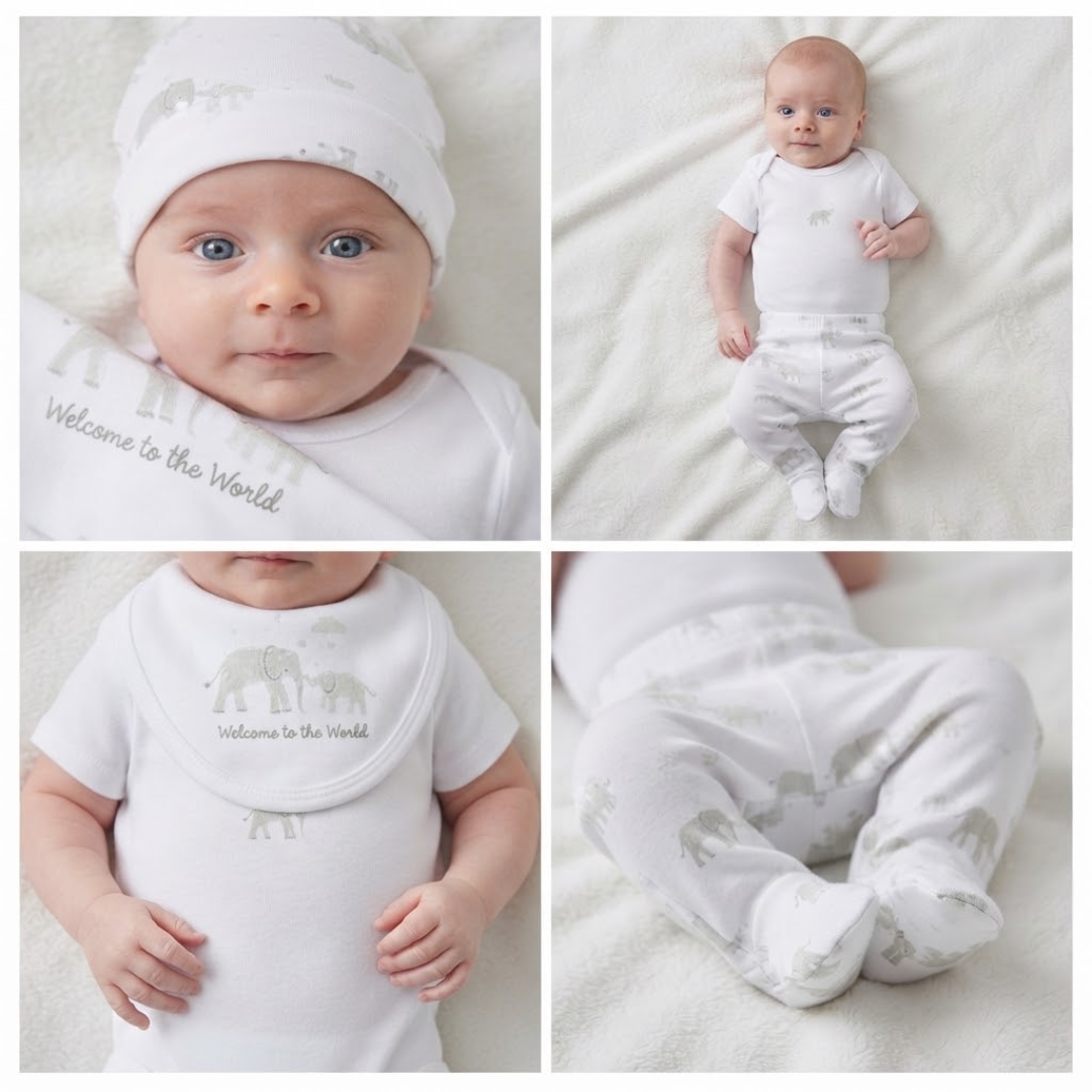 A four-panel photo collage of a baby wearing the white elephant-print outfit set, showing a close-up of the baby in a matching hat, full-body views, and details of the bib and footed pants
