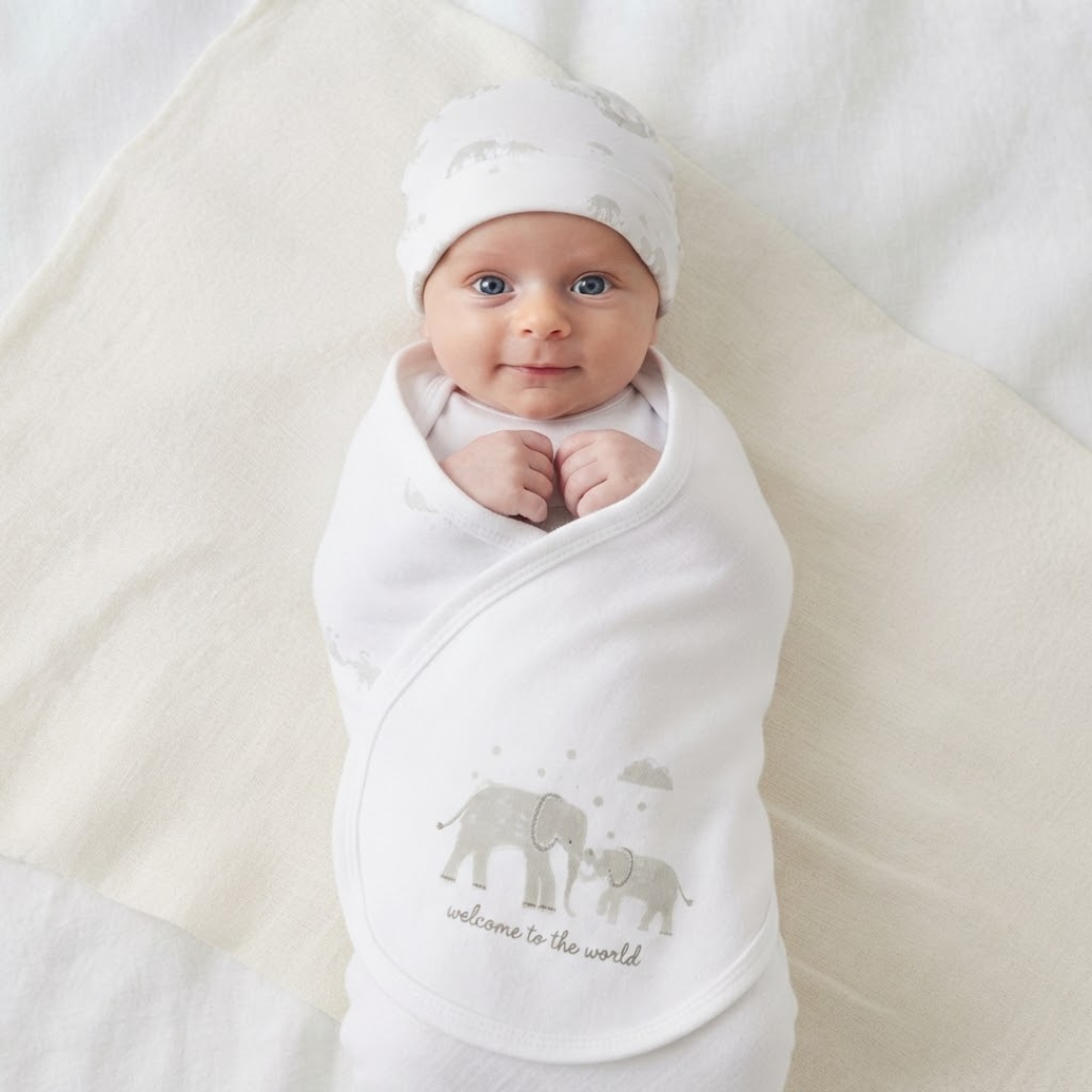 A smiling baby wrapped in a white swaddle blanket and matching cap, featuring a gray elephant print and the text 'welcome to the world', lies on a cream blanket[cite: 1].