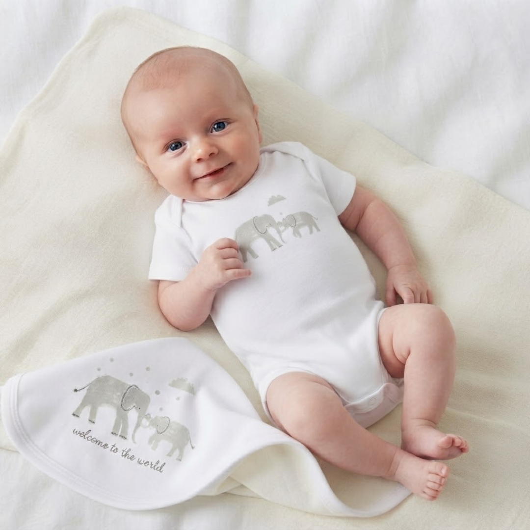 A smiling baby lying on a cream blanket, wearing a short-sleeve white bodysuit with a gray elephant print and the text 'welcome to the world' next to a matching blanket.