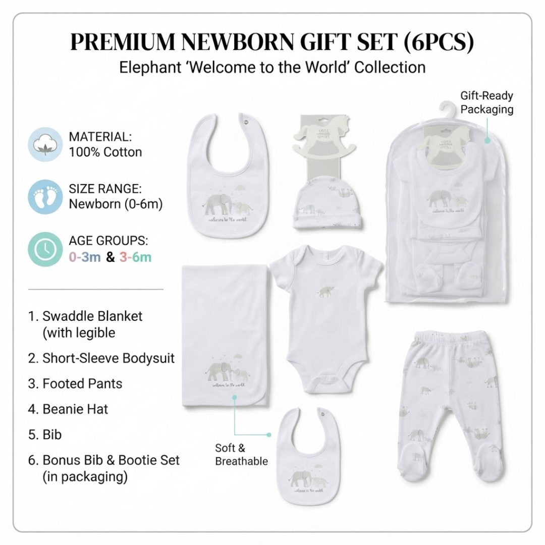 An informational product infographic titled 'Premium Newborn Gift Set (5pcs) - Elephant 'Welcome to the World' Collection', detailing 100% cotton material, newborn sizing, and listing the 6 included items with feature callouts.