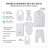 An informational product infographic titled 'Premium Newborn Gift Set (5pcs) - Elephant 'Welcome to the World' Collection', detailing 100% cotton material, newborn sizing, and listing the 6 included items with feature callouts.