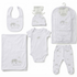 A white baby clothing gift set featuring a gray elephant print and the text 'welcome to the world', displayed with a matching bodysuit, pants, bib, cap, blanket, and packaging