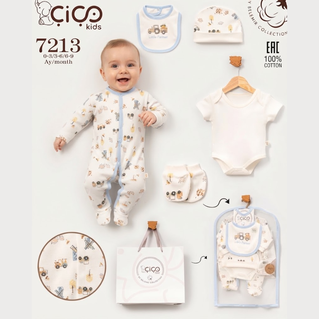 A baby clothing set displayed on a light gray background, featuring a smiling infant wearing a cream footless sleeper with small animal prints and light blue trim. Surrounding the baby are matching accessories including a bib, hat, bodysuit, booties, and a garment bag, all in a coordinated cream-and-blue palette with tiny animal motifs.