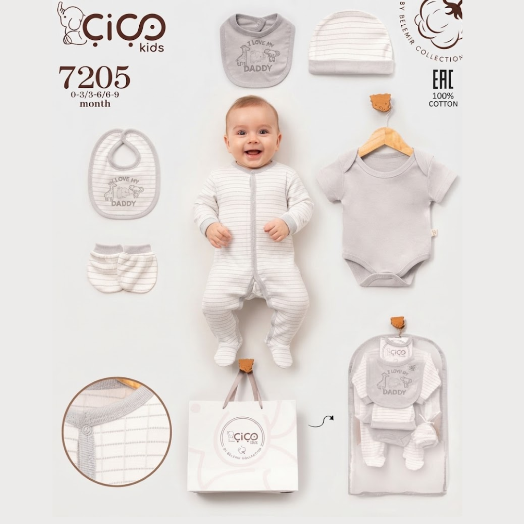 A baby wearing a light gray and white striped footed sleeper is centered on a light gray background, surrounded by matching baby clothing and accessories from Cico Kids, including a bib, hat, bodysuit, shorts, and a garment bag. The image includes product text and branding.