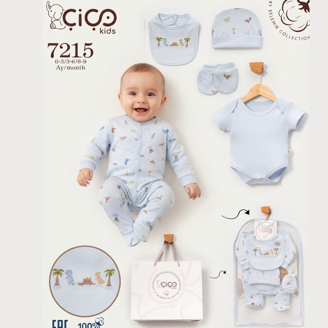 Baby clothing set displayed on a light background with a smiling baby wearing the outfit. The set includes a light blue footed sleeper, matching bib, hat, shorts, and bodysuit, all printed with small dinosaur and palm tree motifs.