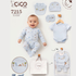 Baby clothing set displayed on a light background with a smiling baby wearing the outfit. The set includes a light blue footed sleeper, matching bib, hat, shorts, and bodysuit, all printed with small dinosaur and palm tree motifs.