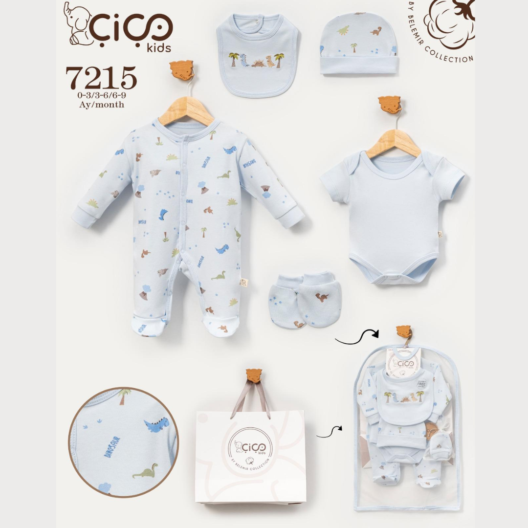 Baby boy's 3-piece clothing set from CICO kids, featuring a light blue long-sleeve footless romper with a dinosaur print, a matching short-sleeve bodysuit, and a light blue bonnet, displayed on wooden hangers with a matching storage bag and CICO gift bag.